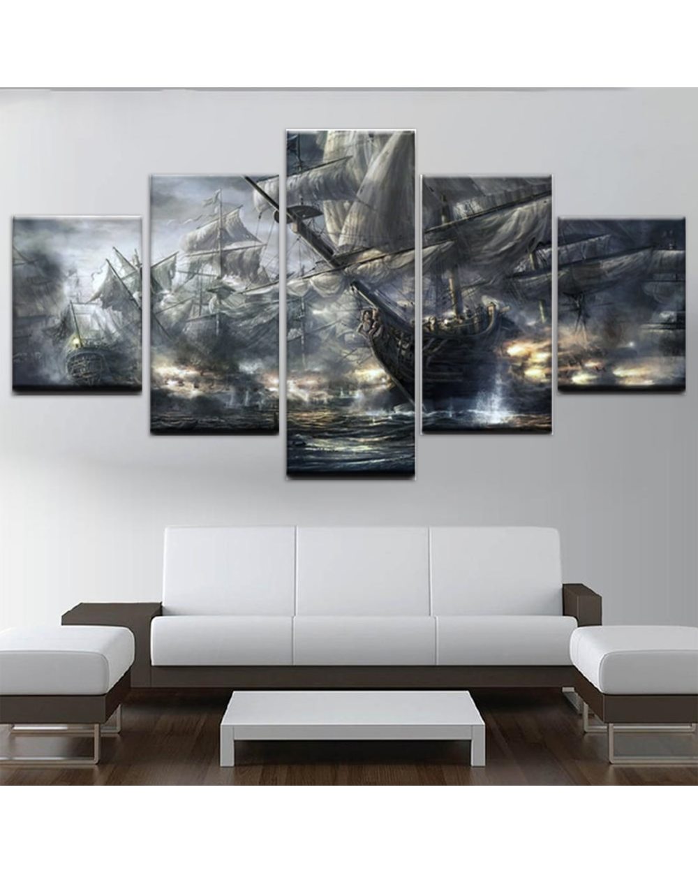 Pirate Ships Battle On The Sea Picture Print Scenery 5 Panel Canvas Art Wall Decor front-0