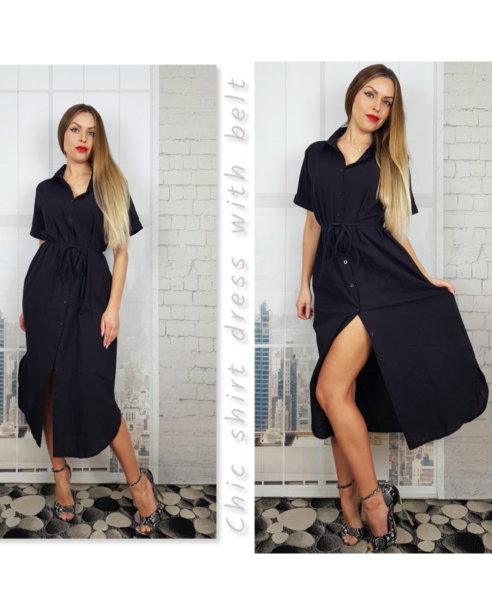 Women Summer Shirt Dress Casual 3 Colors Loose Fashionable Split Lace Up Cotton and Linen Long Dress front-3