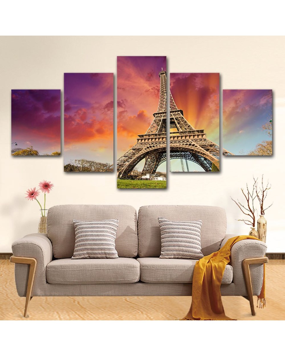 Paris Tower Sunset Landscape Picture Print Scenery 5 Panel Canvas Art Wall Decor front-0