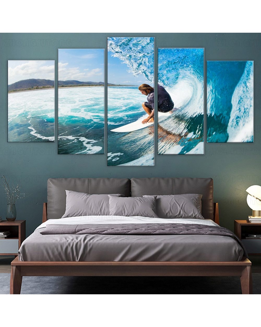 Men Sea Surf Landscape Modern Picture Print Scenery 5 Panel Canvas Art Wall Decor front-2