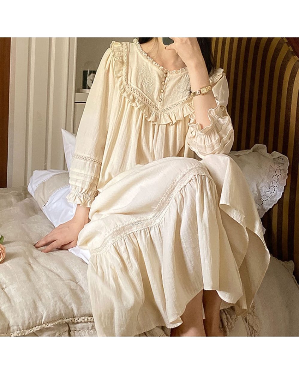 Pure Cotton Vintage Nightgowns Women Robe Nightie Long Victorian Romantic Princess Sleepwear Nightdress front-0