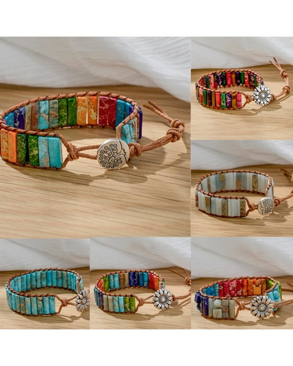 Natural Stone Beaded Bracelets for Men Women handmade Rope Leather front-0