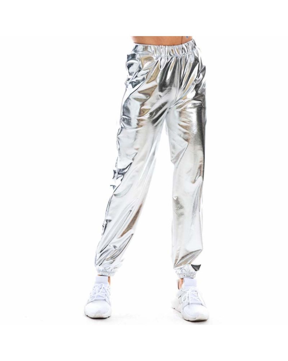 Women Shiny Holographic Pants Loose High Waist Metallic Trousers Dance Performance Hip Hop Pants Streetwear Joggers front-5