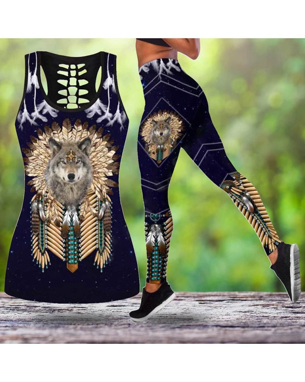 Wolf Native Legging hollow tank Combo 3D Printed Tank top Suit sexy Yoga Fitness Soft Legging VG06 front-0