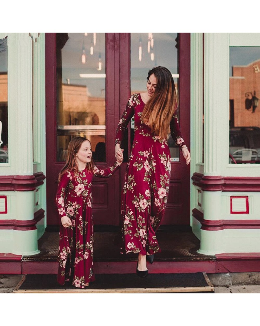 Family Matching Outfits Autumn Floral Slim Fit Long Sleeved Parent Child Mother Daughter Dress Skirt Women Girls Clothes front-1
