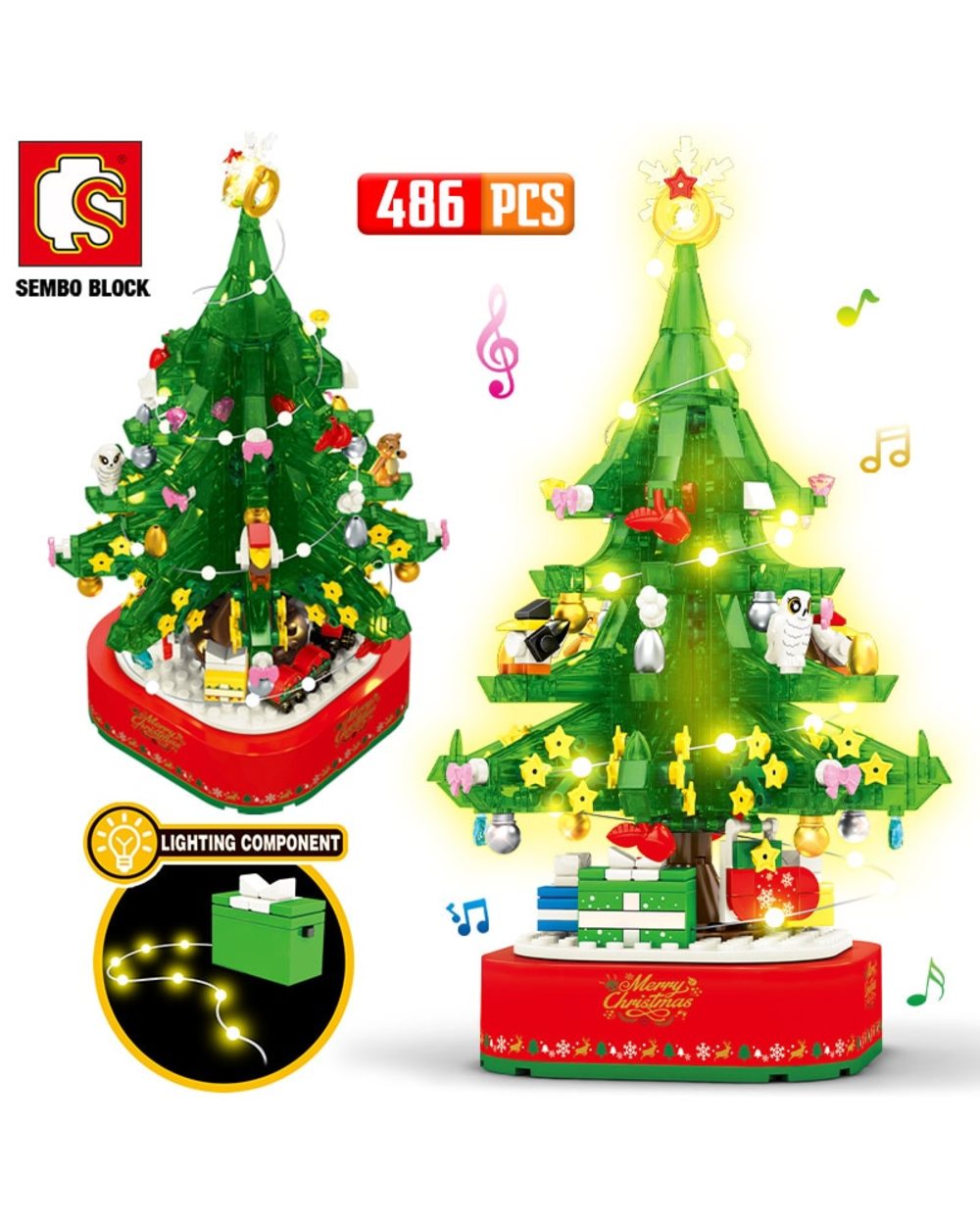 Christmas Theme Rotating LED Shining Music Box Building Blocks DIY City Friends Tree House Bricks Toys For Children Xmas front-0