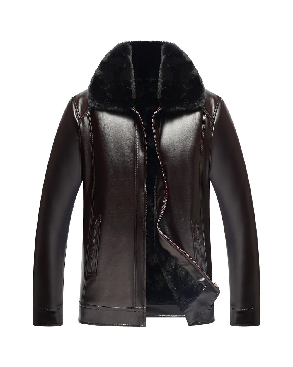 Winter Mens Thick Loose Black Jacket Faux Fur Collar Casual Pu Leather Jacket Plus Size Fluffy Coat Male Elderly Clothe front-1