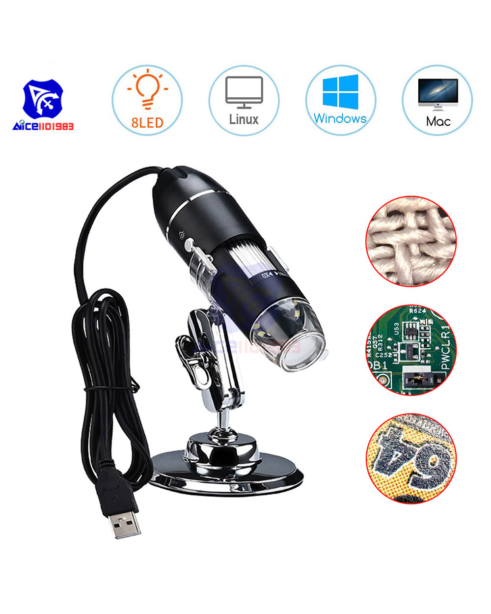 Diymore Portable Usb Digital Microscope 500X/1000X/1600X Magnification Endoscope With 8 Leds Bracket For Mac/Window/Li front-0