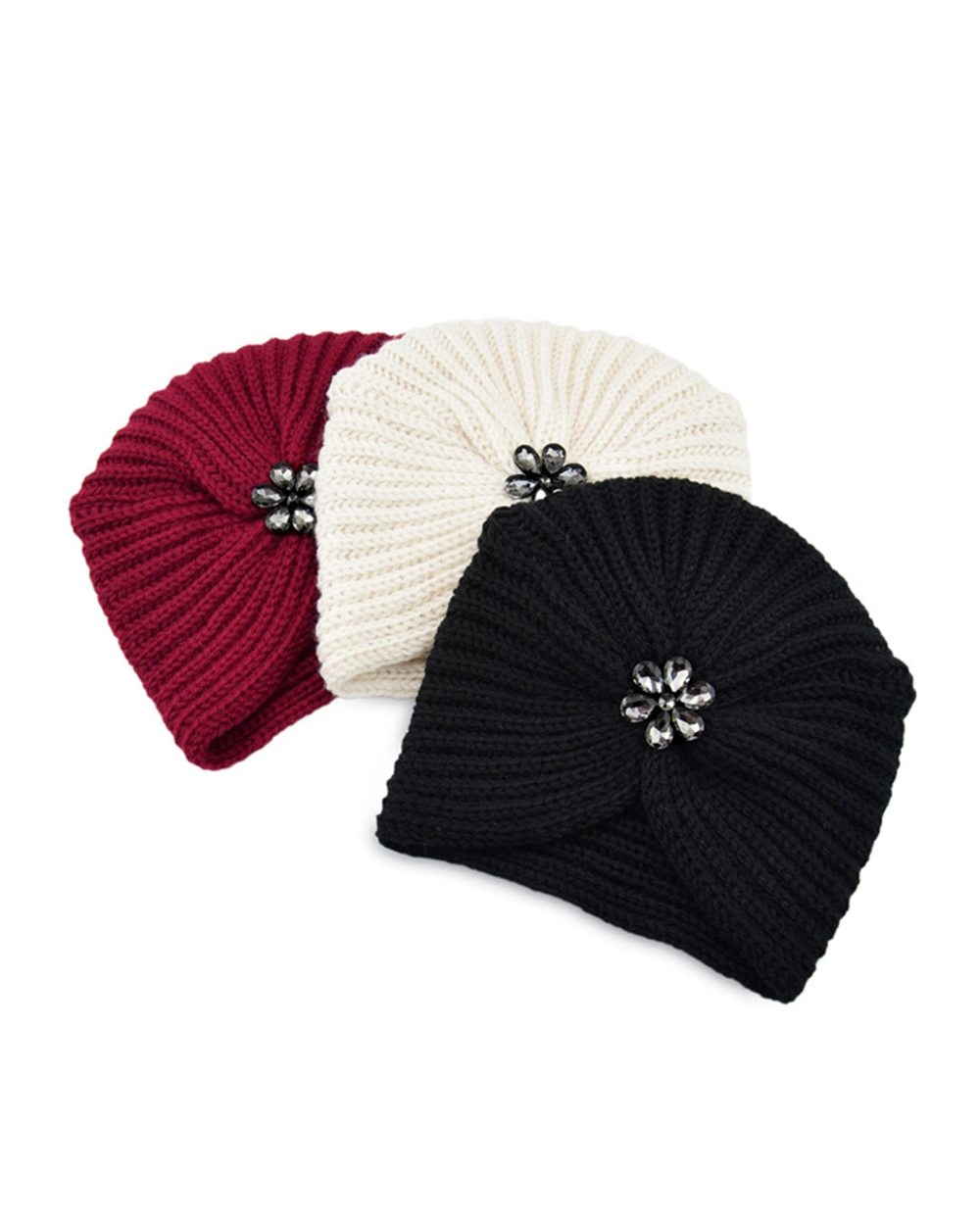 Bohemian Style Winter Woolen Flower Drill Belt Knitted Hat European And American Women Turbans Cap front-4