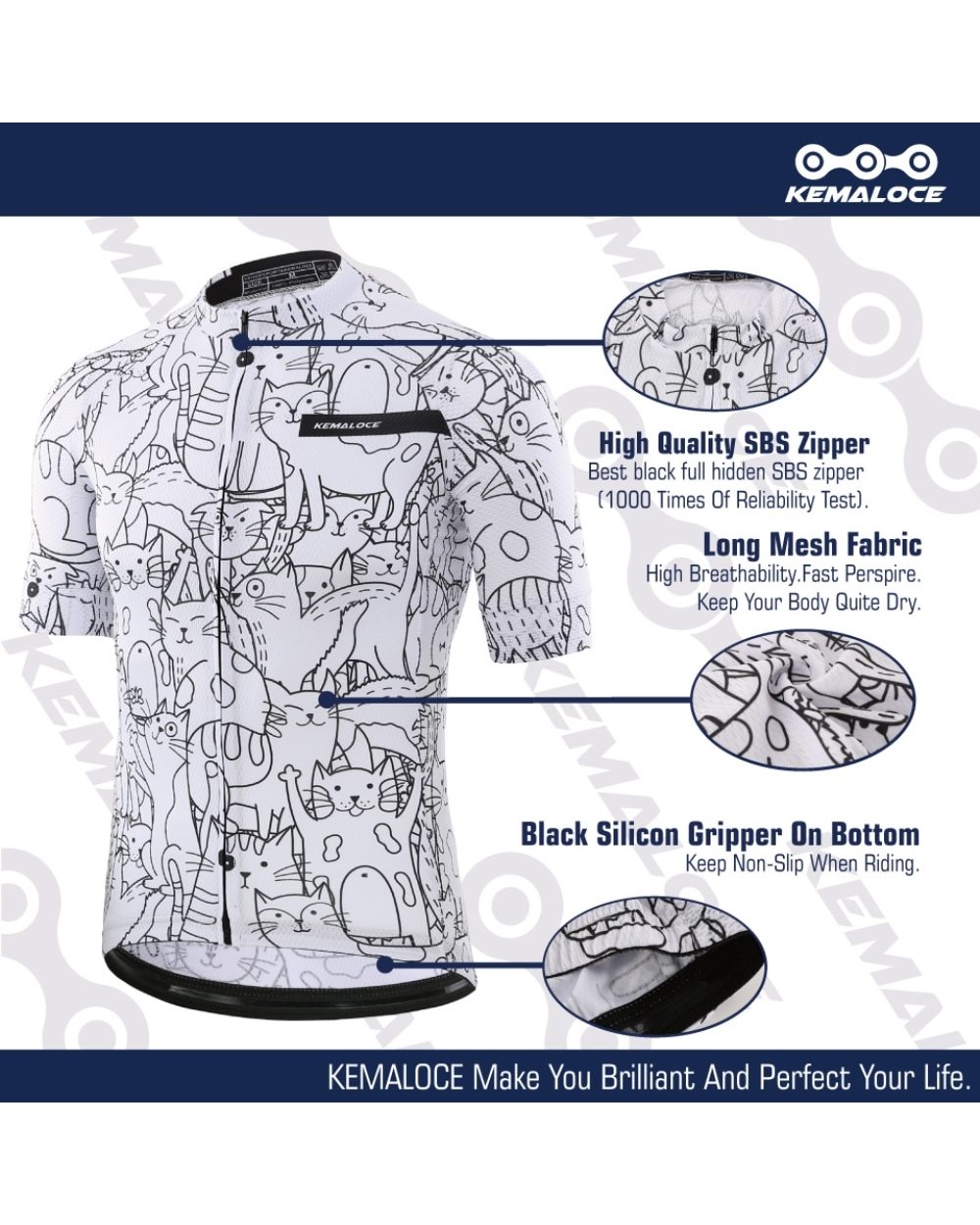 KEMALOCE Breathable Unisex White Cartoon Cat Cycling Jersey Spring Anti-Pilling Eco-Friendly Bike Clothing front-3