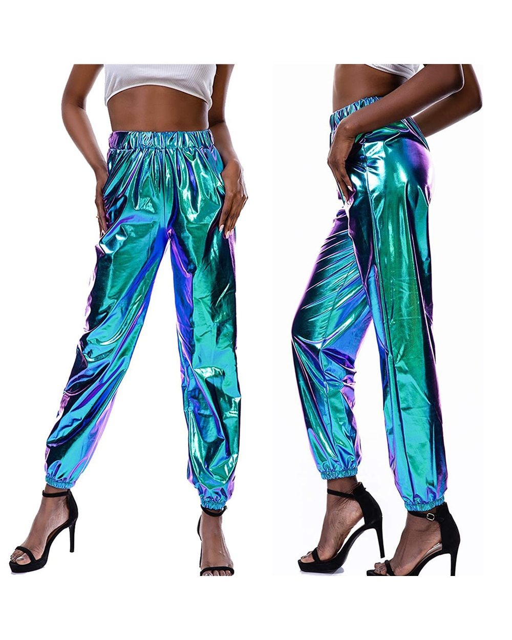 Metallic Shiny Jogger Pants Women Harem Hip Hop High Waisted Glittening Streetwear Elastic Trousers front-0
