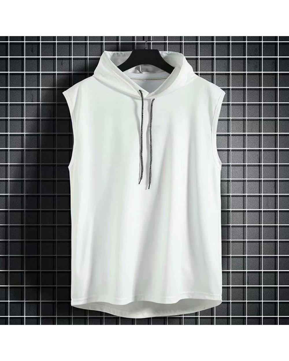 Men Muscle Hoodie Vest Sleeveless Pure Color All Match Loose Sweat Absorption Summer T-Shirt For Gym Workout Fitness front-1