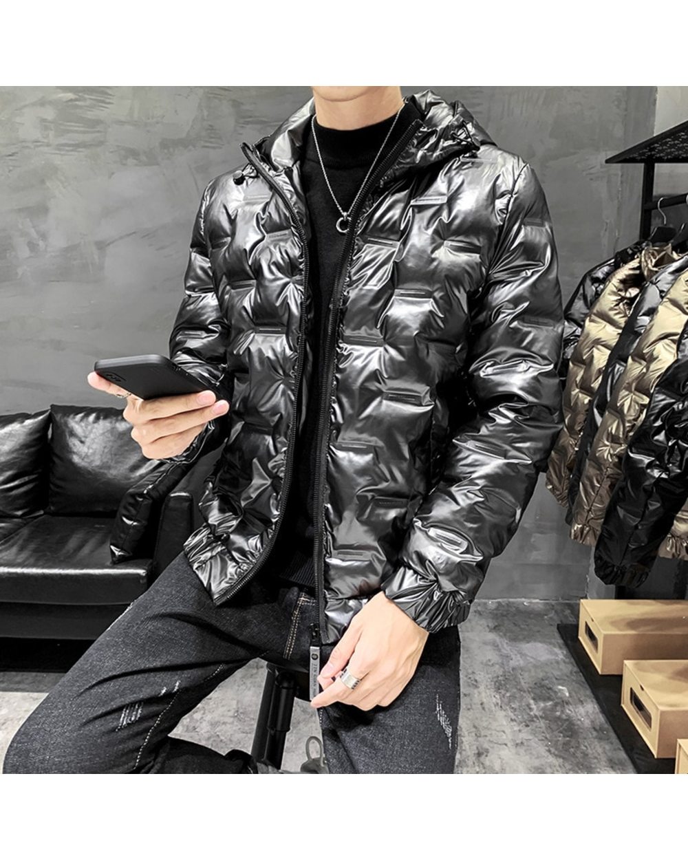 Shiny Men's Jacket Coat 2022 Winter Men Short Thick Cotton Coat Jacket Fashion Stand Collar Slim Clothes Winter Coat Men front-4
