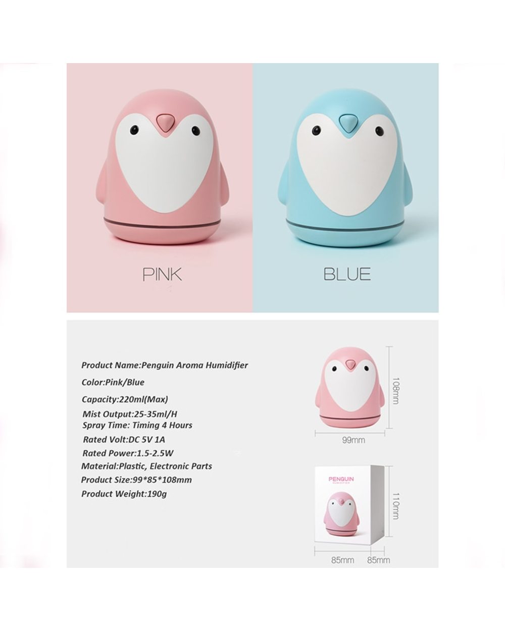 220Ml Aroma Humidifier Cute Penguin Usb Air Diffuser For Home Office Car Mist Maker Essential Oil Diffuser front-3
