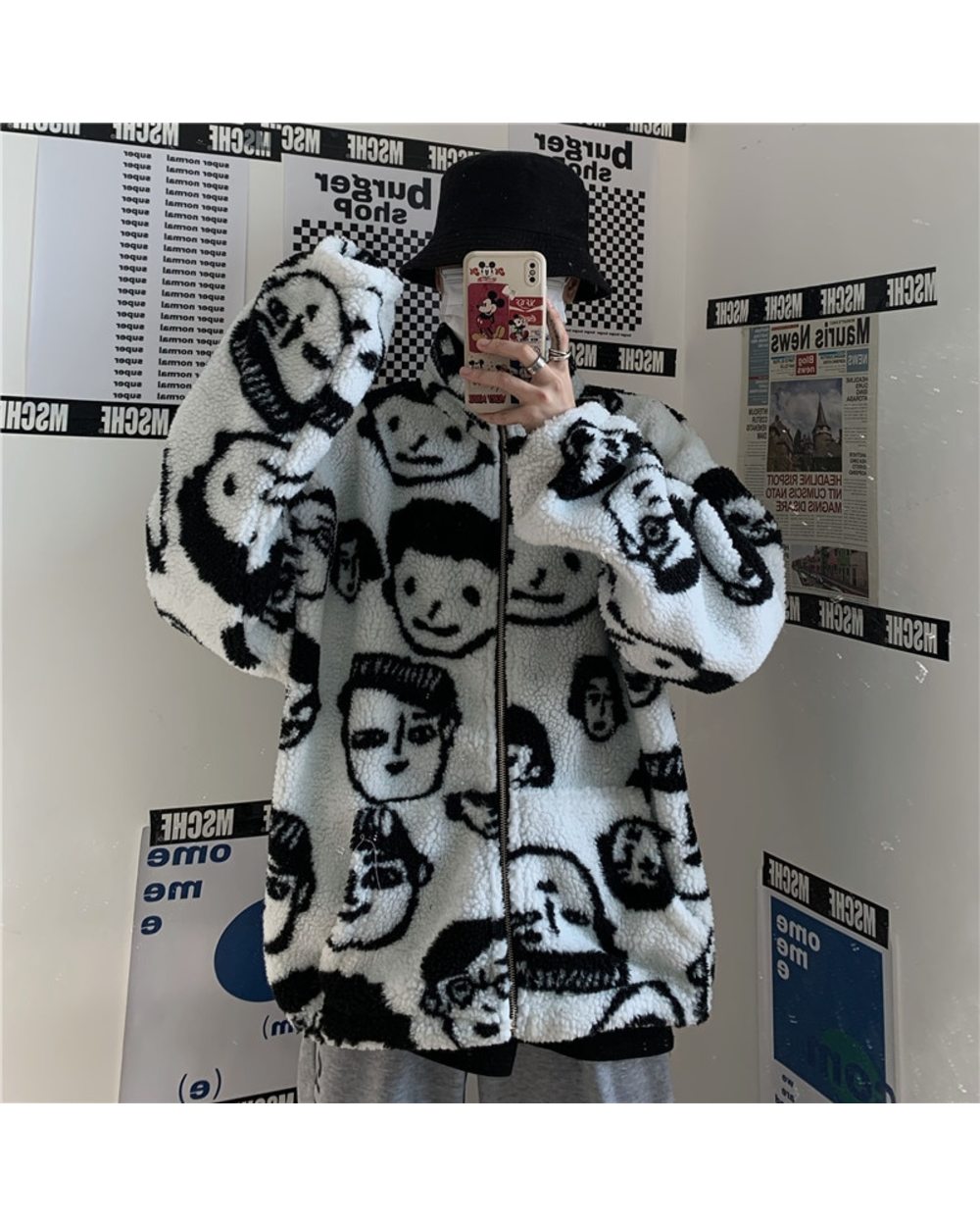Korean Winter Harajuku Style Coat Cute Cartoons Jacket Lambswool Keep Warm Zipper Outerwear front-0