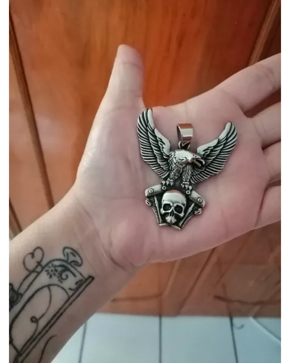 316L Stainless Steel Silver Biker Skull Eagle Engine Pendant front-4