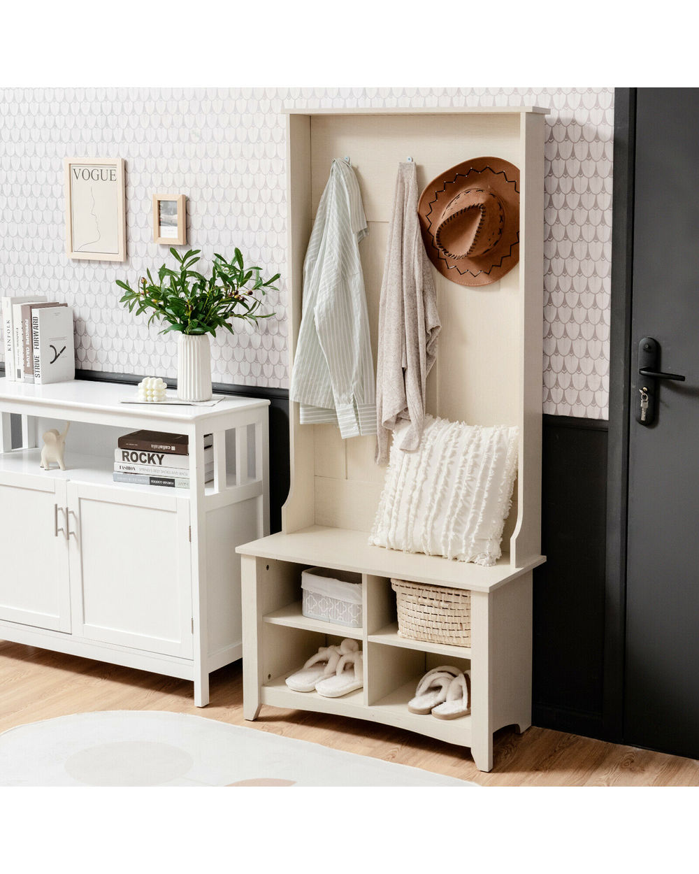 Hall Tree Storage Bench Entry Stand Coat Hat Rack with Shelf front-2