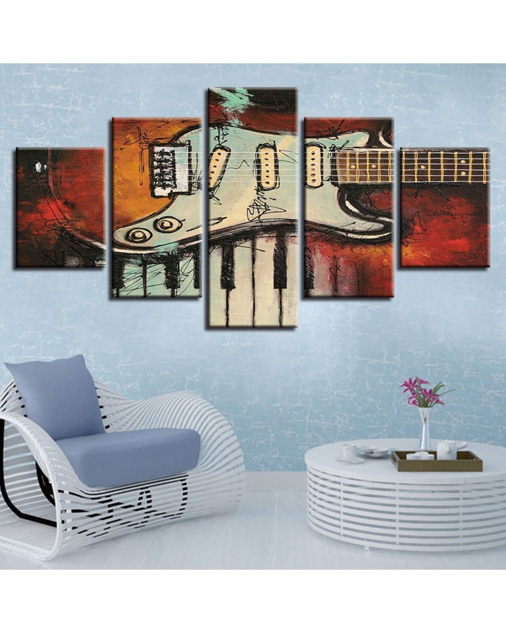 Musical Instruments Guitar And Piano Keys Picture Print Music 5 Panel Canvas Art Wall Decor front-0