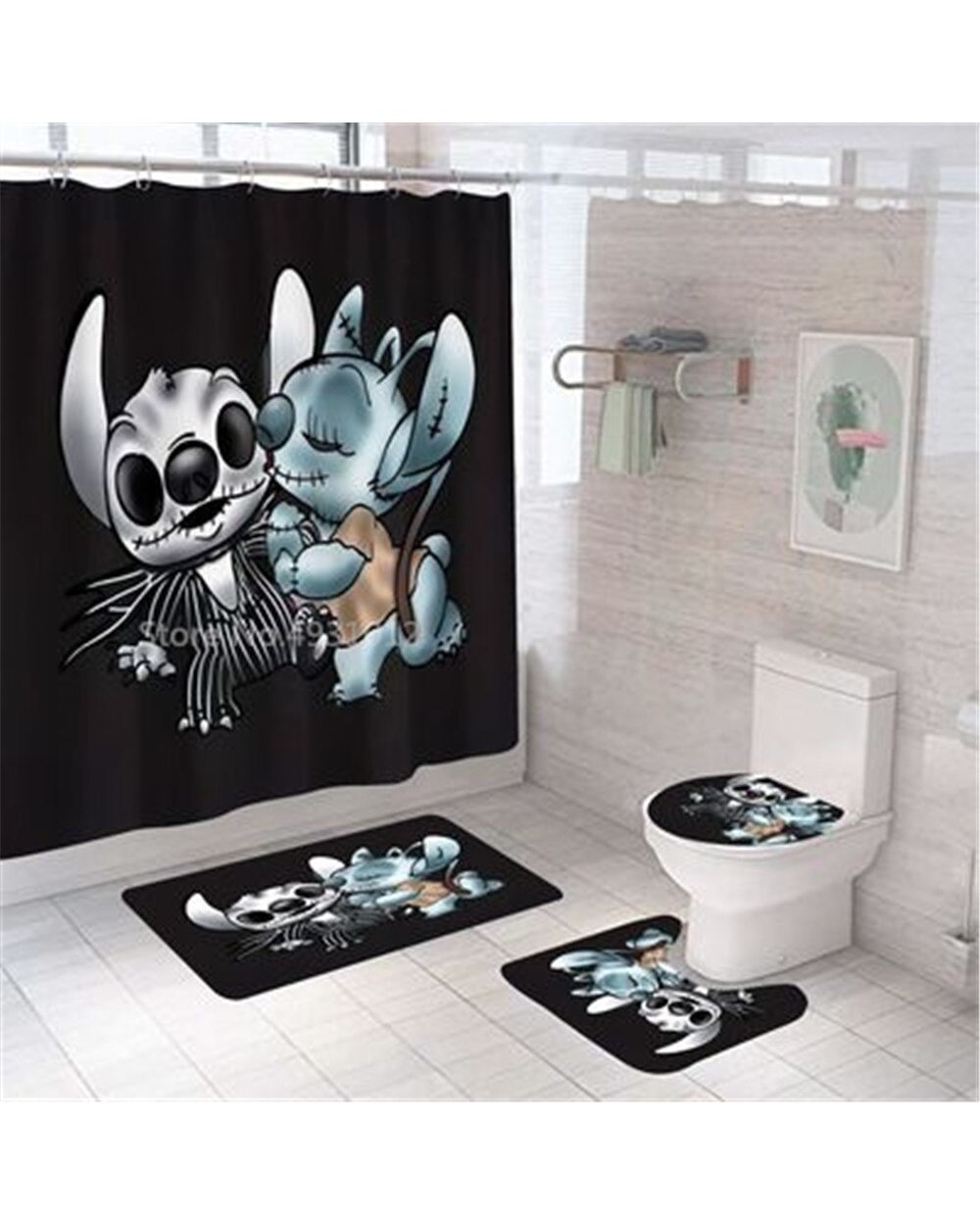 3D Lilo Stitch Bathroom Shower Curtain Waterproof Curtains in the Bathroom with Hook Set Soft Bath Mat Toilet Carpet front-3