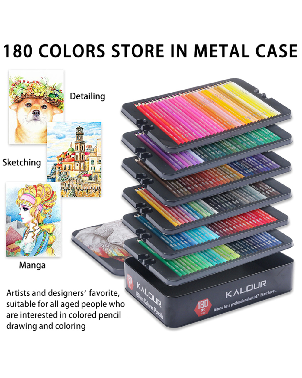 Colored Pencils With Metal Box 180 Unique Coloured Pencils And Pre Sharpened Crayons For Coloring Book-Ideal Christmas front-2