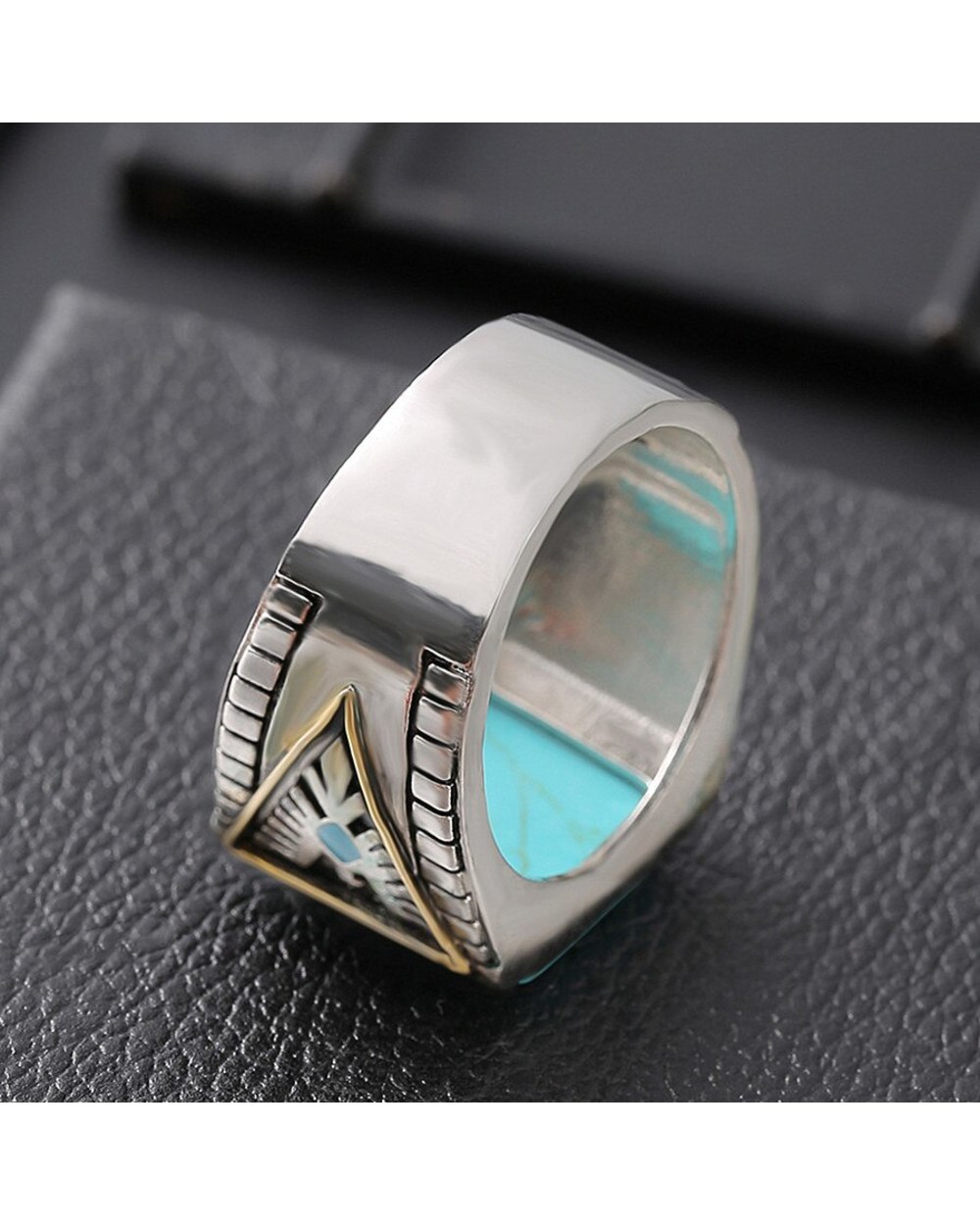 Fashion Vintage Square Turquoise Stones Rings for Men Feather Carving Indian Accessories Jewelry Bague Masculine front-4