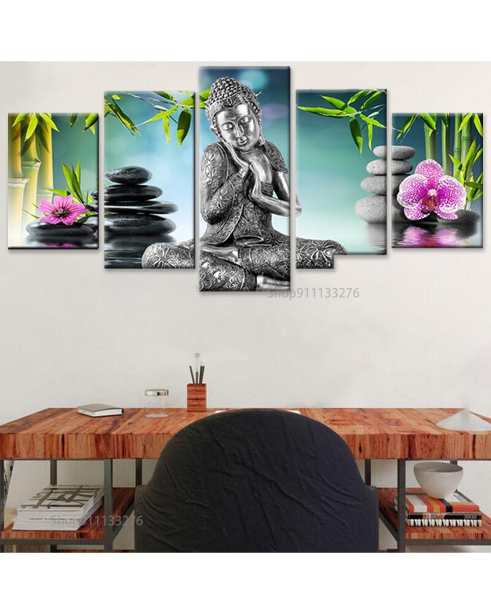 Buddha Orchid Bamboo Water Zen Picture Print Buddha 5 Panel Canvas Art Wall Decor front-1