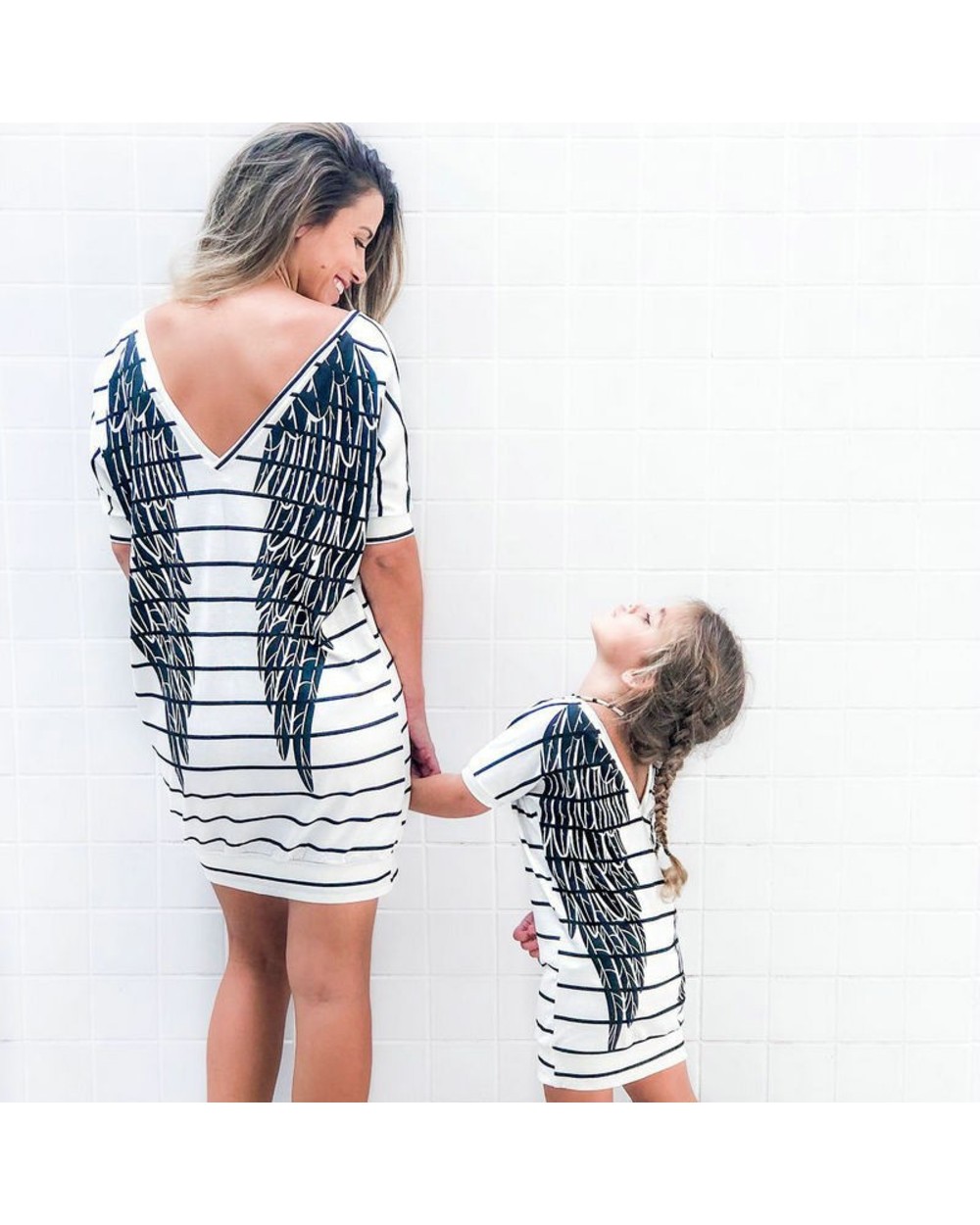 Mother Daughter Short Sleeve Striped Dress Summer Family Matching Outfits Wings Dresses Mommy And Baby Girls Clothes front-0