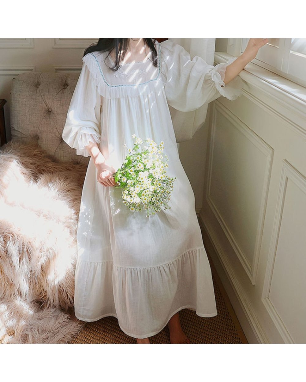 White Nightgown Women Cotton Embroidery Lace Princess Sleepwear Ladies Loungewear Victorian Night Dress front-4