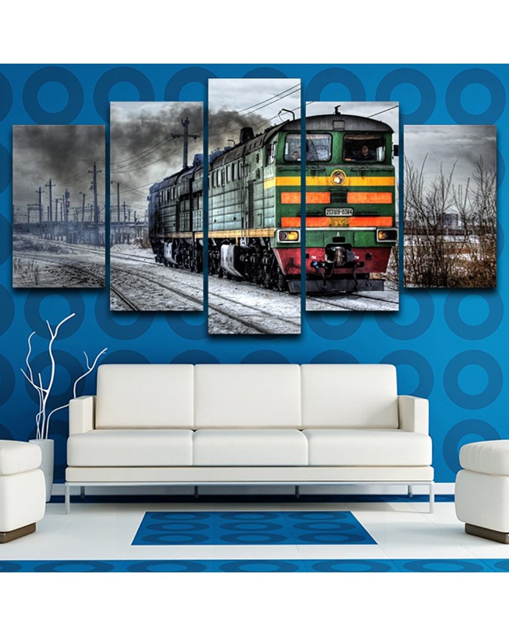 Tableau Old Locomotive Landscape Modern Picture Print Abstract 5 Panel Canvas Art Wall Decor front-1