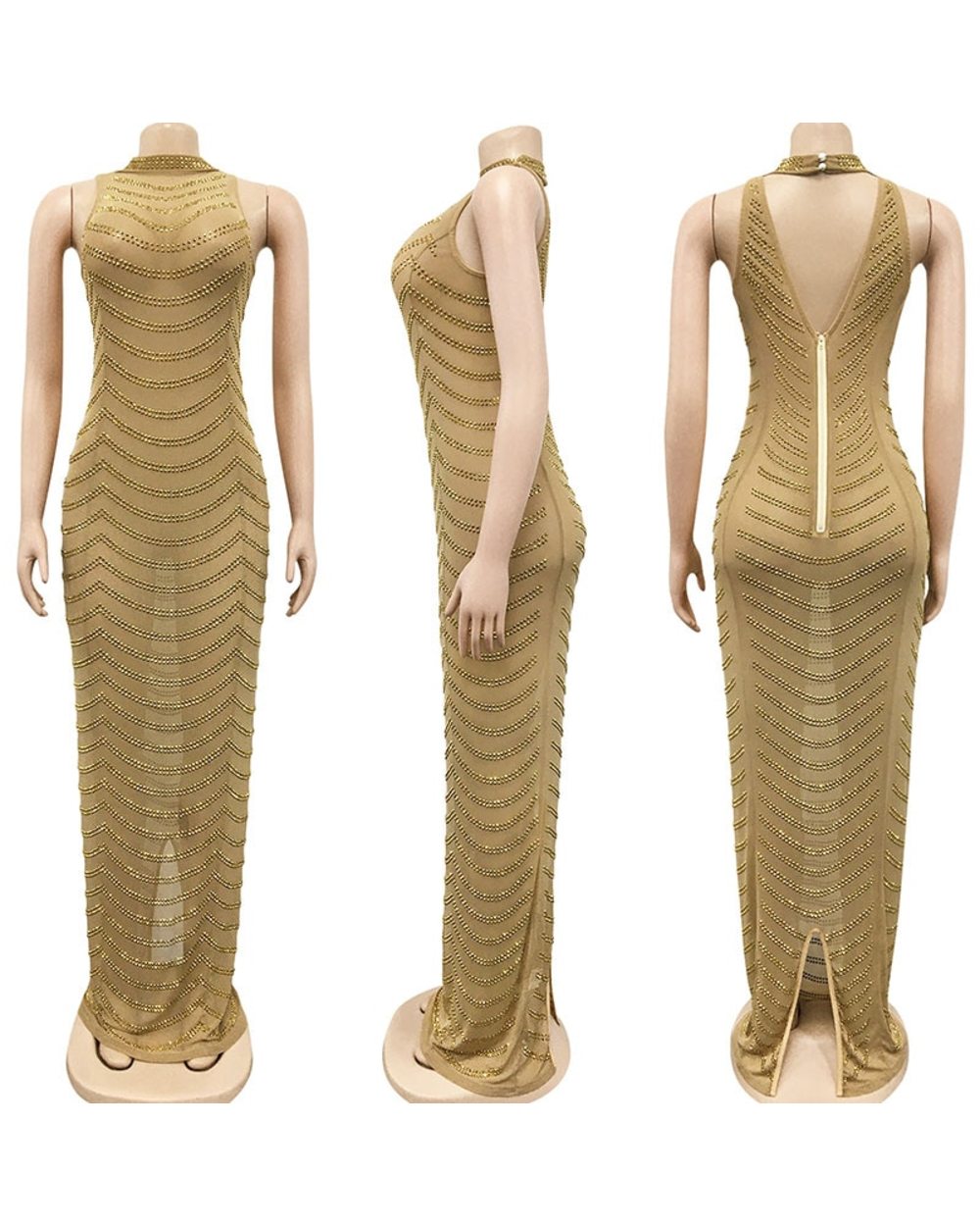 Sparkly Crystal Rhinestone Bodycon Maxi Wedding Evening Backless Mesh See Through Night Party Club Birthday Dress front-4