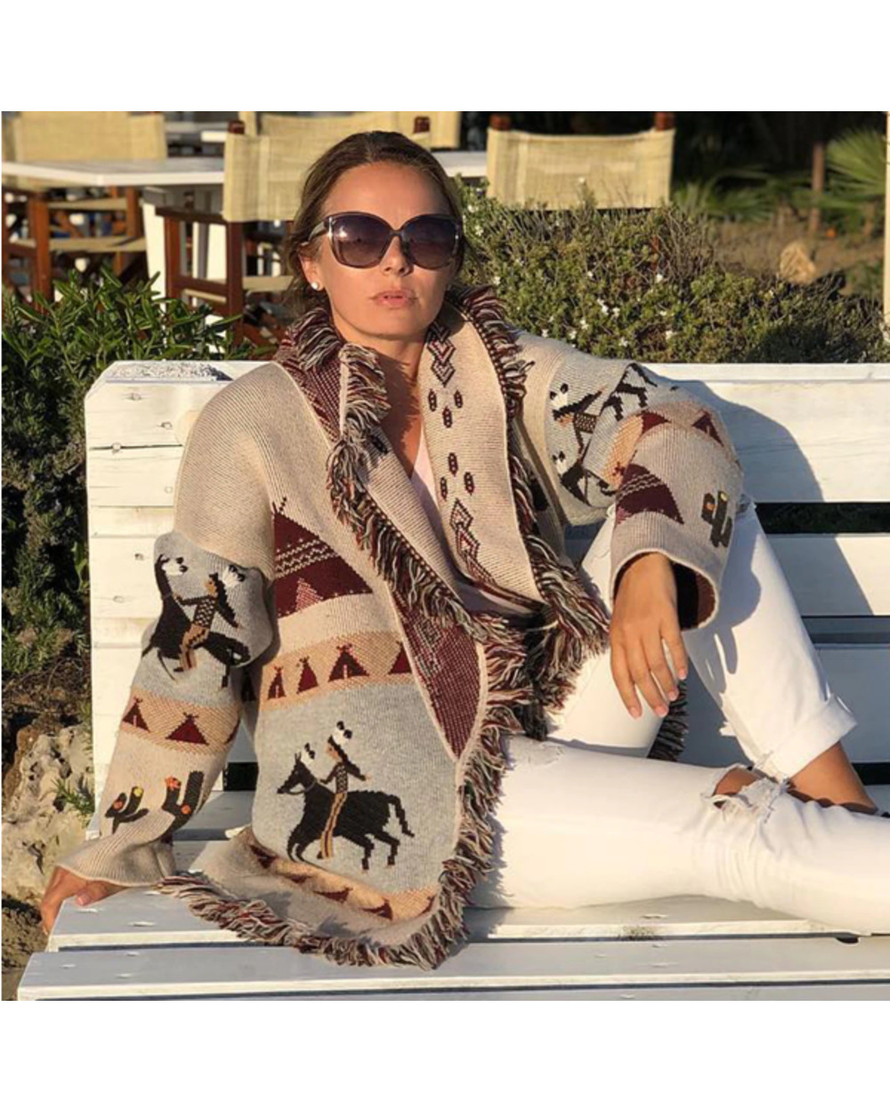 Autumn Winter Sweater Jacket Women Lapel Tassel Jacquard Long Sleeve Cardigan Bohemian Retro Long Sweater Tops VG06 front-4