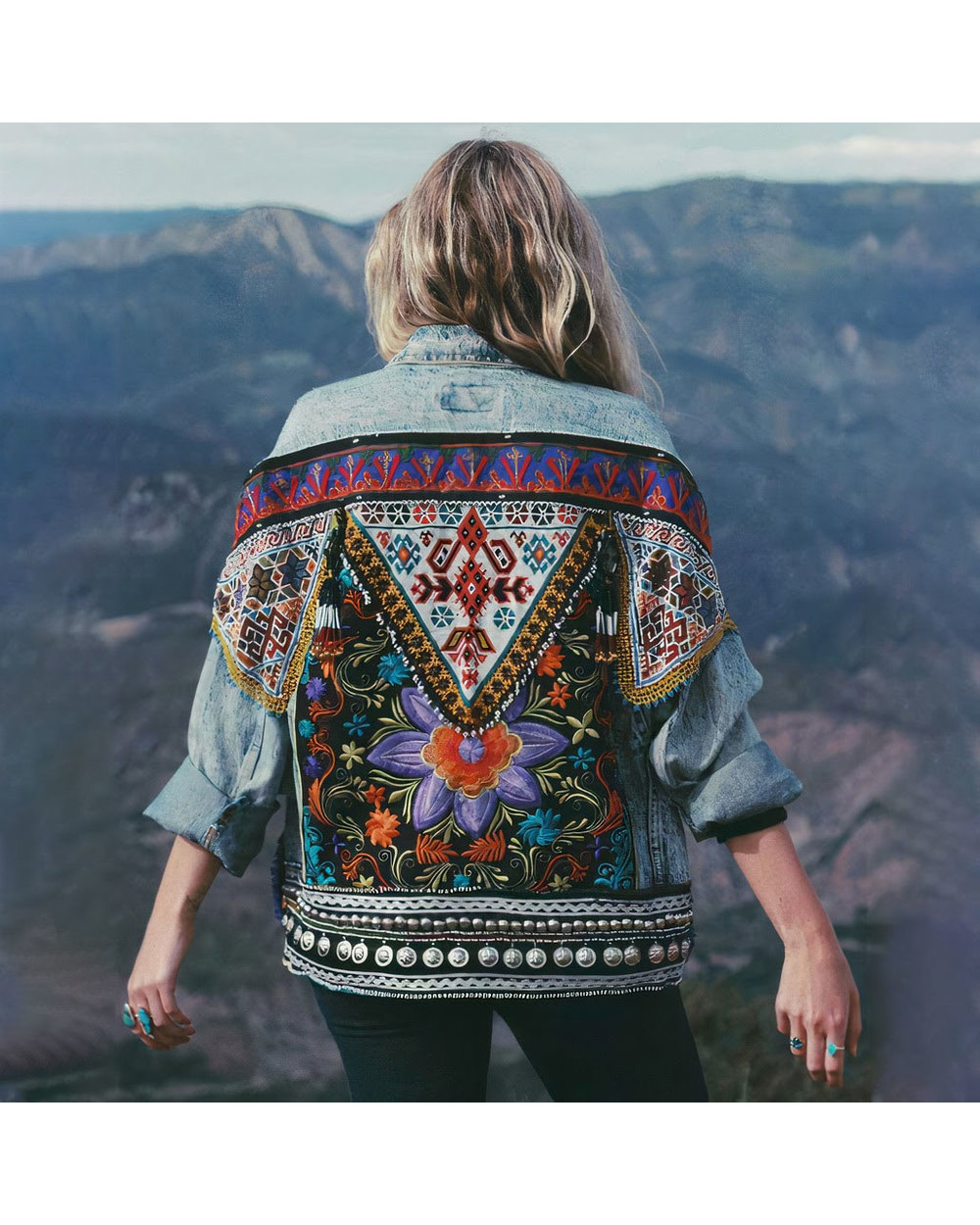 Inspired ETHNIC EMBROIDERY VINTAGE DENIM JACKET Long Sleeve Autumn Winter Jacket Women Boho Style Jacket VG06 front-0