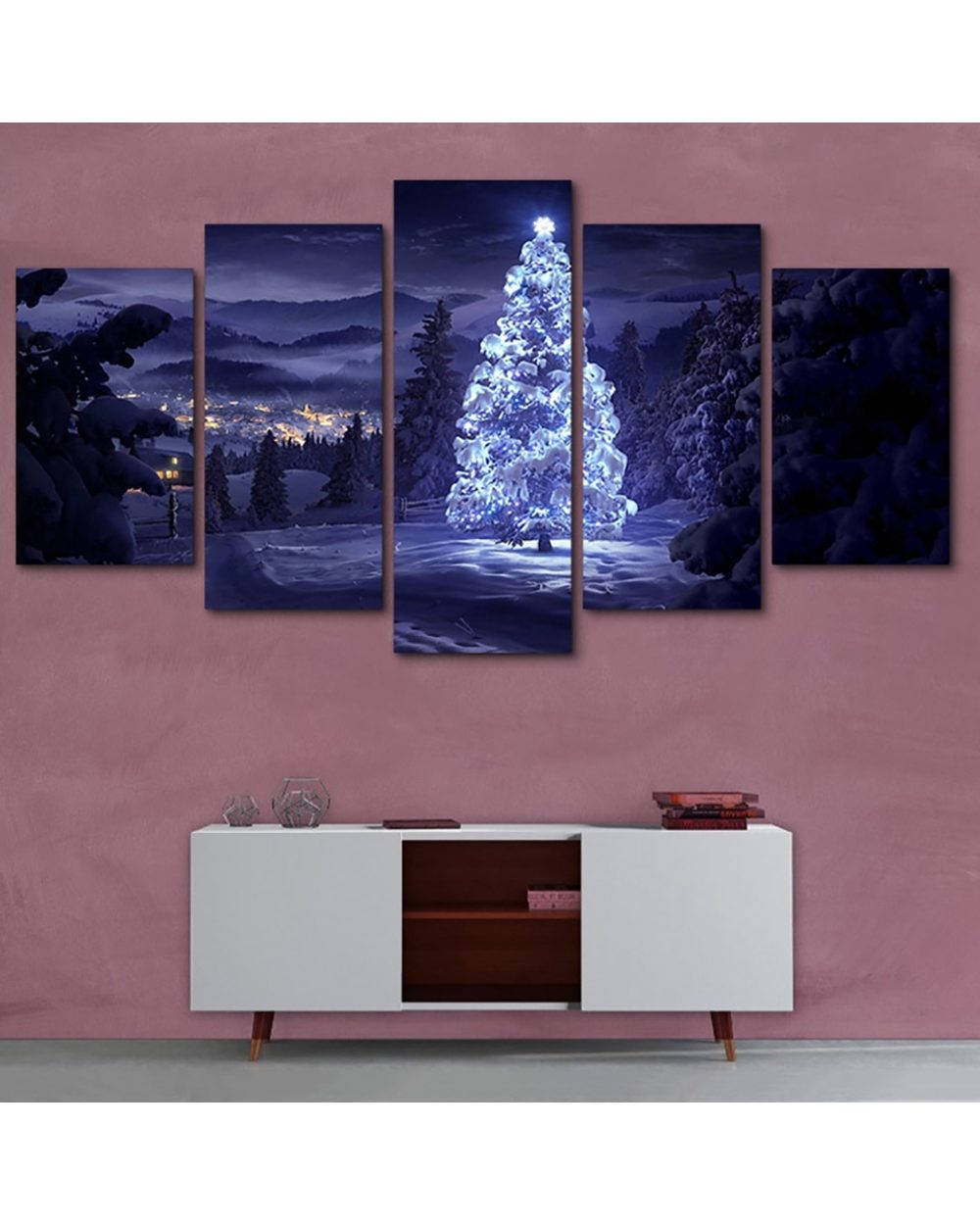 Glittering Christmas Tree Modern Picture Print Christmas 5 Panel Canvas Art Wall Decor front-1