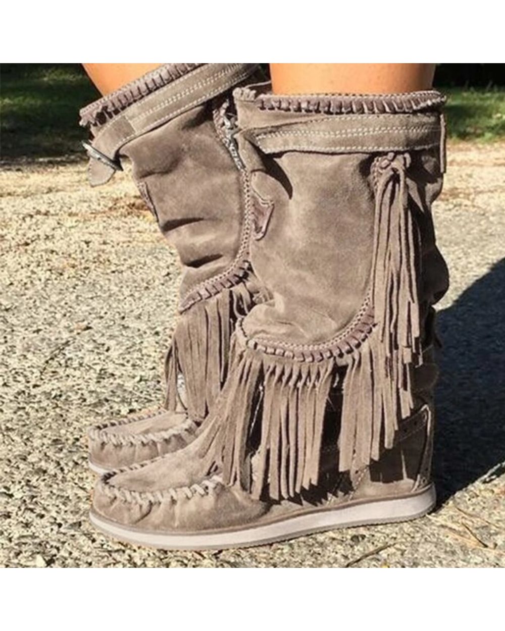 Pirate Boots Woman Pleated Tassel Mid-calf Boots Womens Sewing Footwear Buckle Leather VG06 front-1