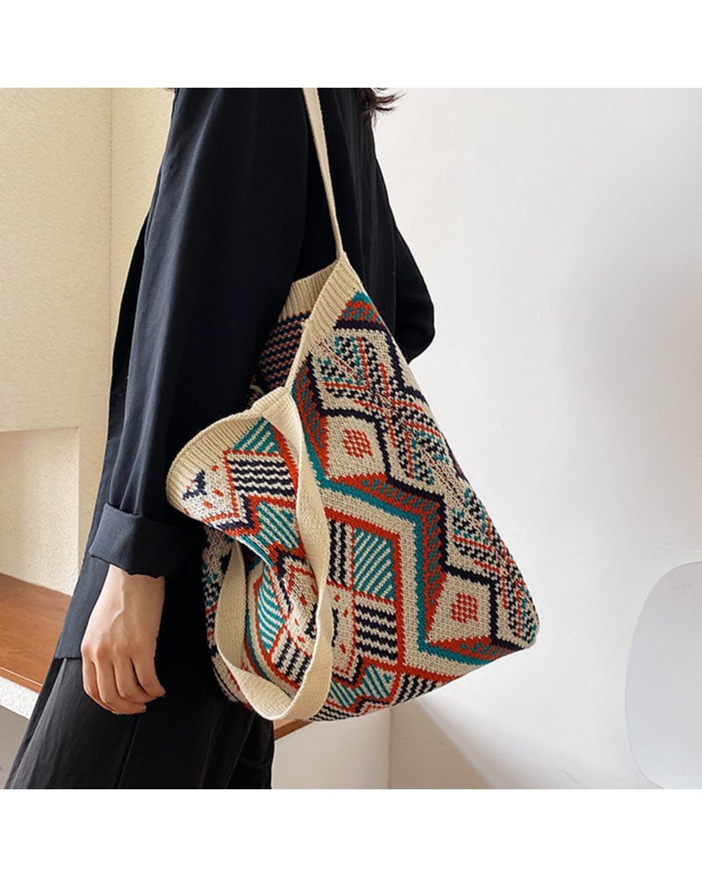 Tote Bag Lady Knitting Gypsy Bohemian Boho Chic Aztec VG06 front-2