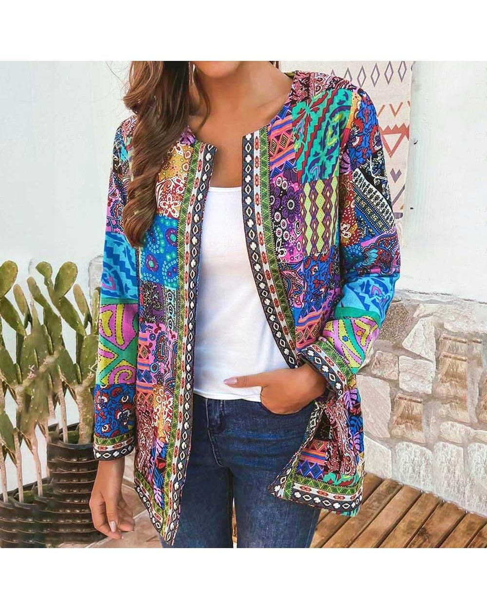 Coat Women Fashion Autumn Winter Ethnic Floral Print Long Sleeve Loose Jacket VG06 front-1