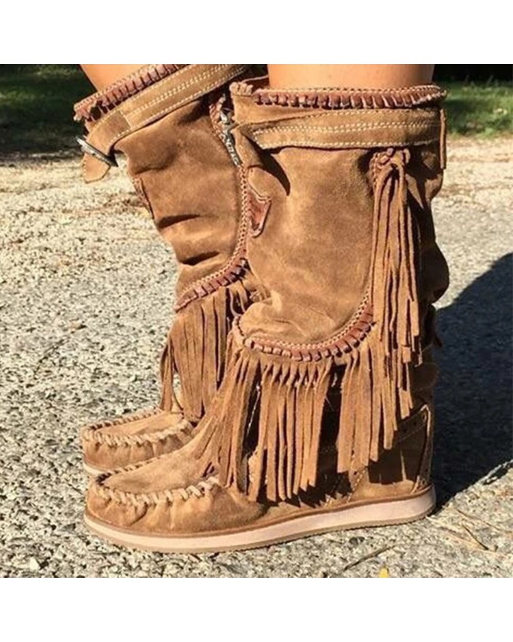 Pirate Boots Woman Pleated Tassel Mid-calf Boots Womens Sewing Footwear Buckle Leather VG06 front-0