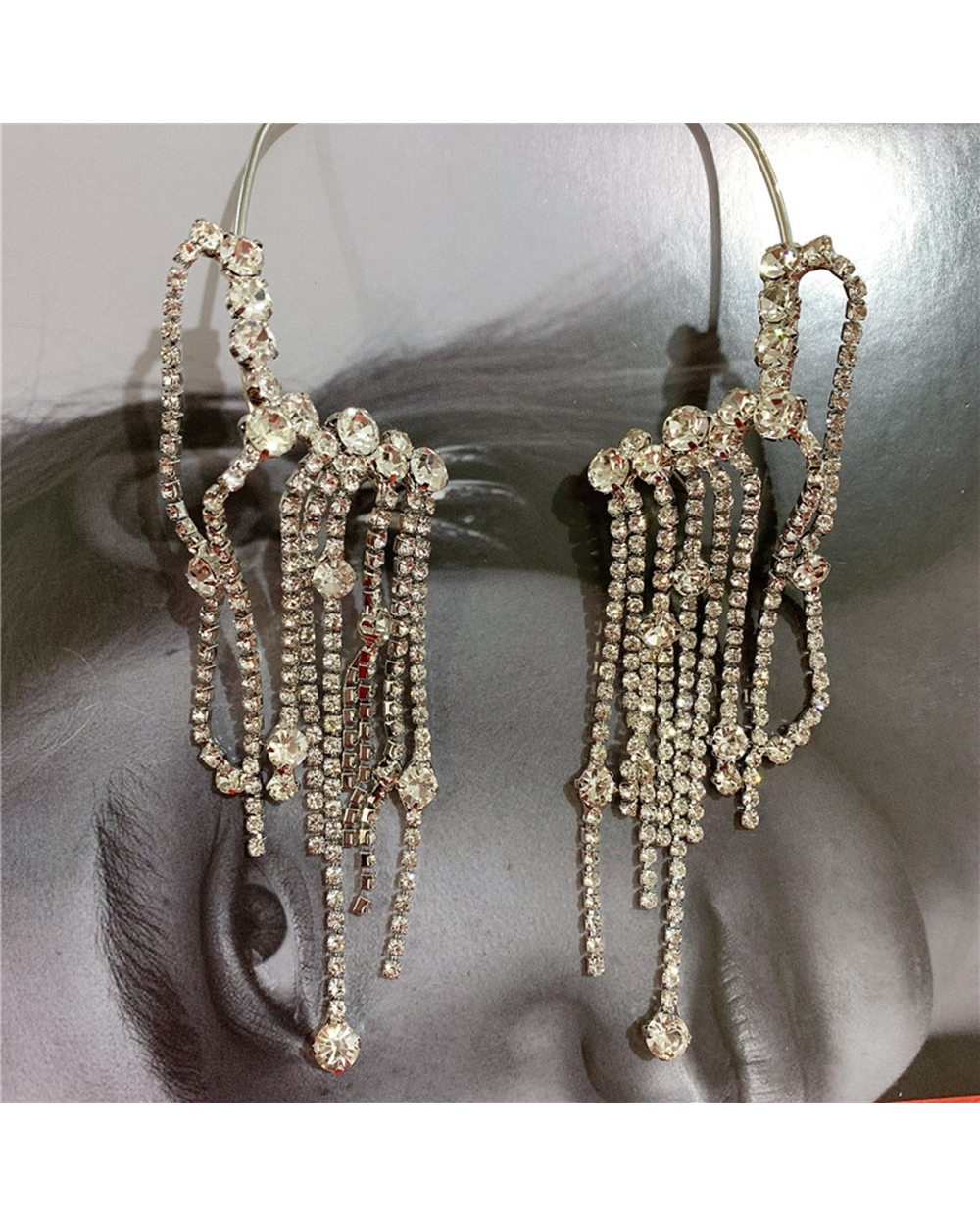 Luxury Personality Rhinestone Long Tassel Crystal Dangle Earrings front-5