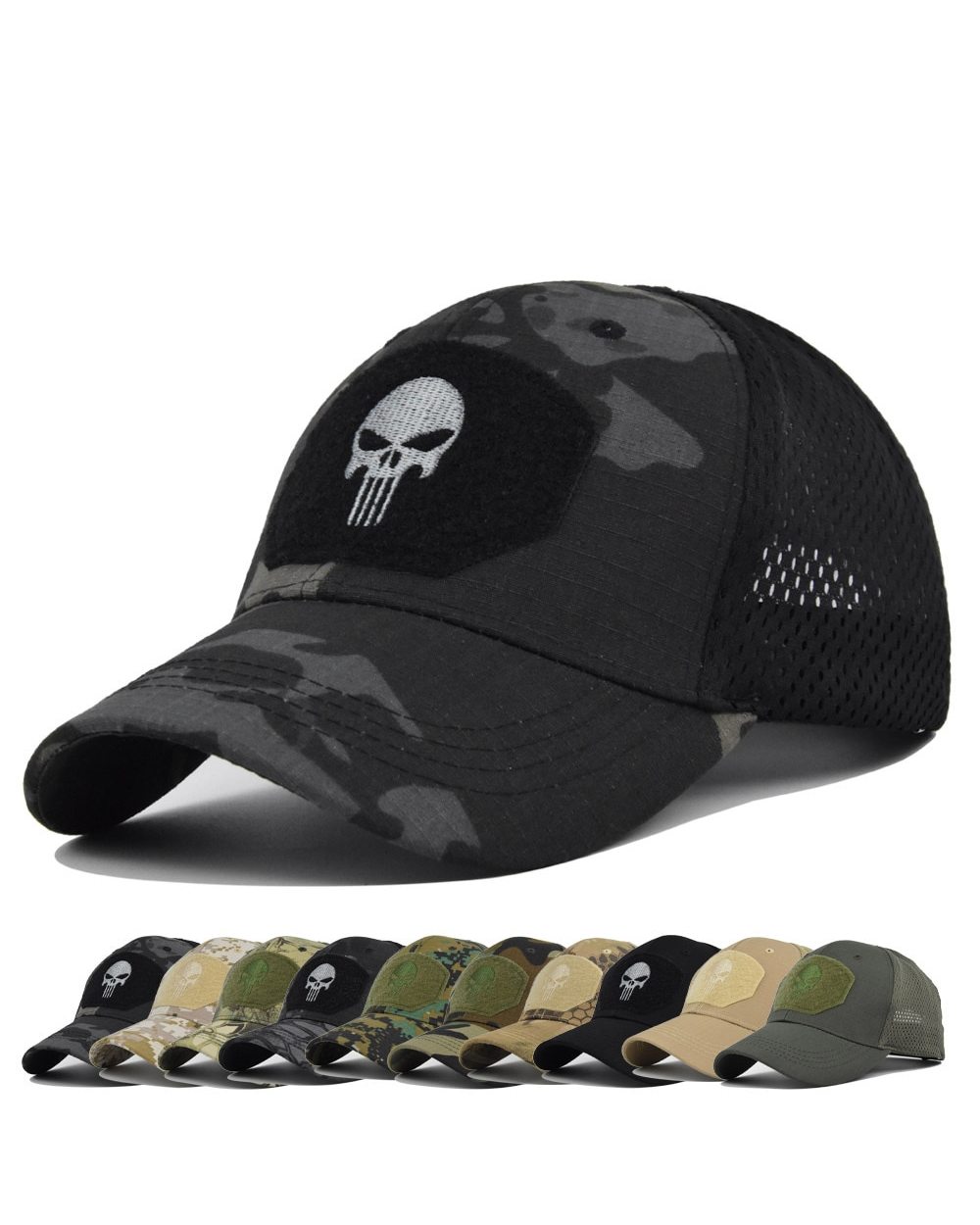 Tactical Military Baseball Caps Multicolor Camouflage Breathable Sun Visor Mesh Outdoor Hunting Hiking Skeleton Snapbac front-0