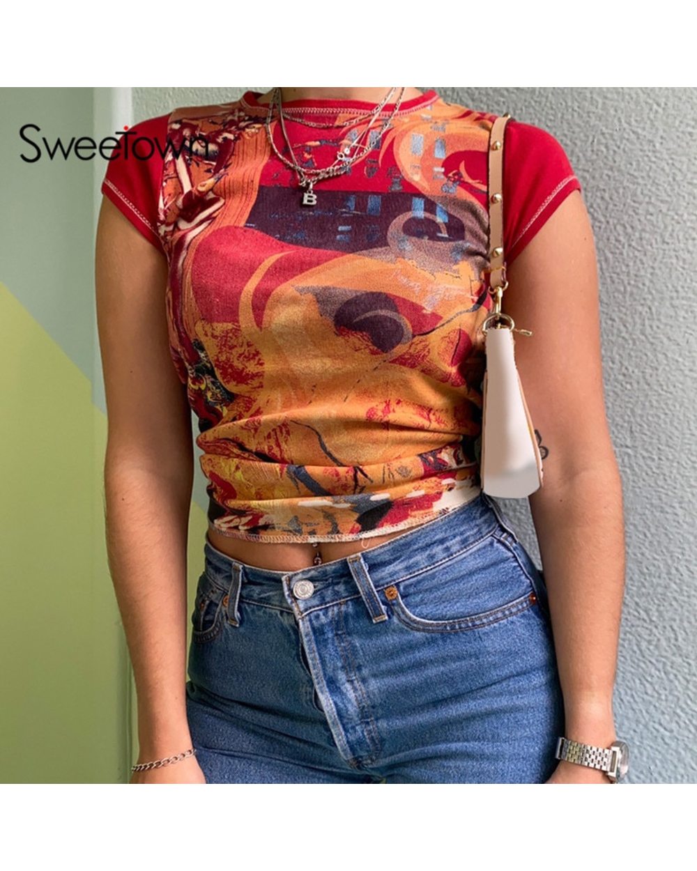 Sweetown Retro Print Patchwork T-Shirts Vintage Aesthetic Girl Short Sleeve Summer Tops Women Basic Tees front-1