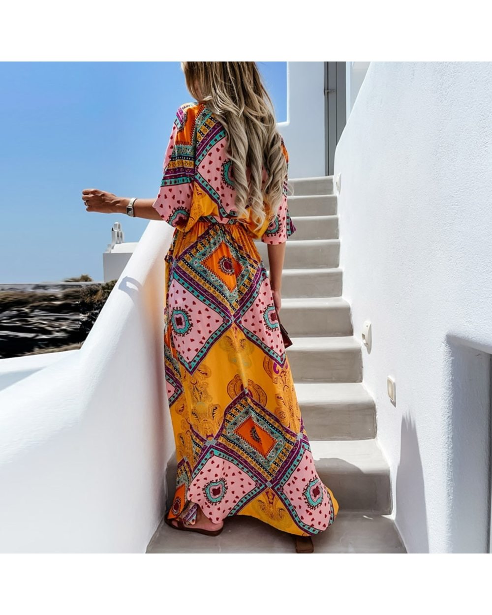 Summer Elegant Women Long Dress Boho Vintage Print Lace Split Maxi Dress Ladies Fashion Buttoned V-Neck - VG06 front-4