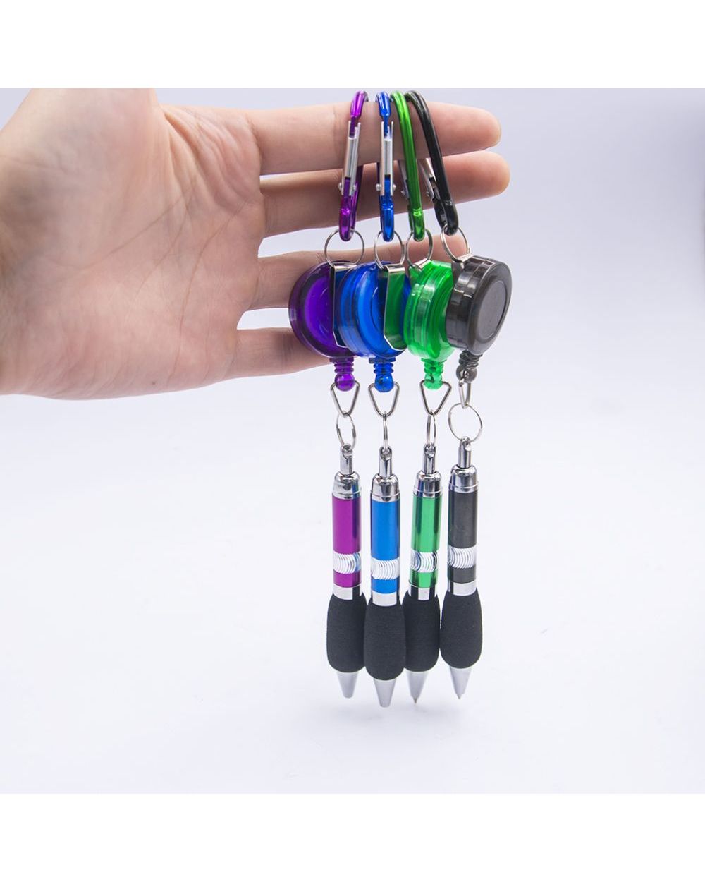 5Pcs Creative Retractable Badge Reel Ballpoint Pen Belt Clip Key Chain With Carabiner Key Ring Lanyard Pen School Offic front-2