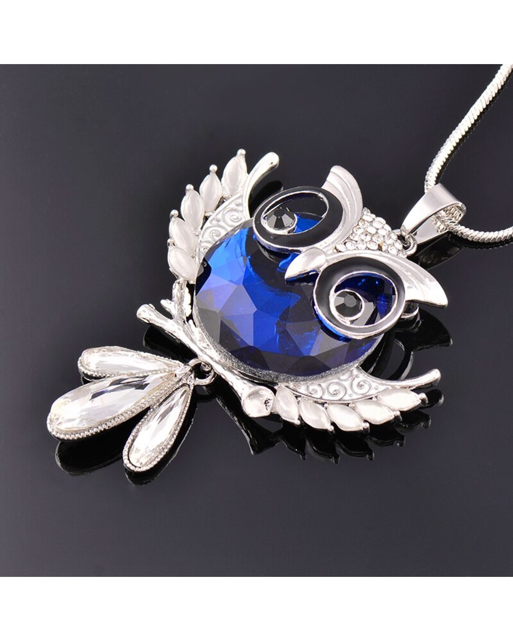 Blue Gray Rhinestone Solid Owl Pendant Long Necklace Snake Chain Women Statement Jewelry front-1