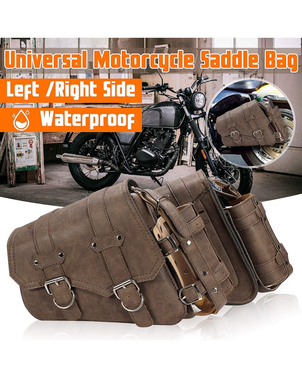 Universal PU Leather Motorcycle Saddlebag Brown front-0