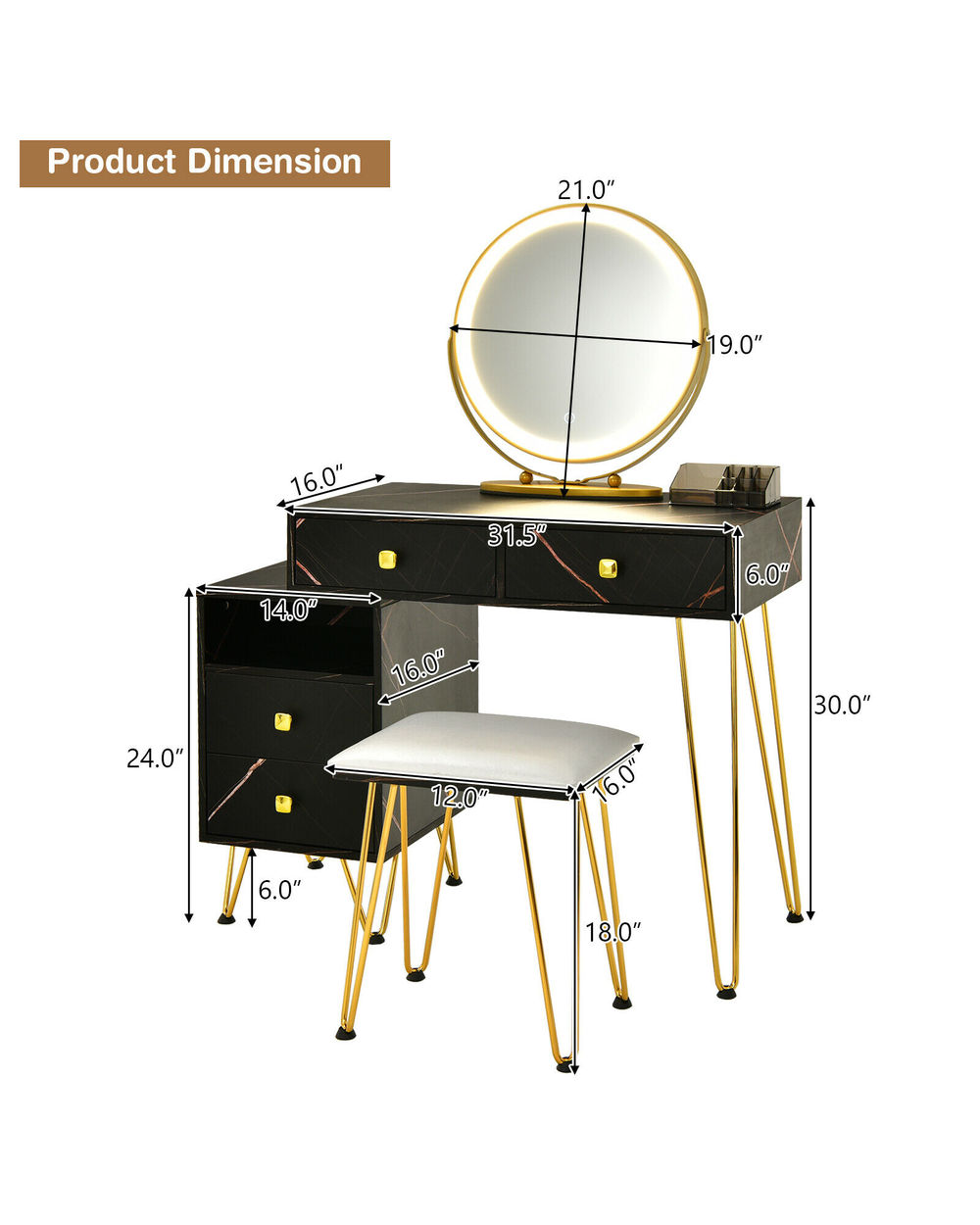 Vanity Table Stool Set Dimmer LED Mirror Large Storage Cabinet Drawer front-3