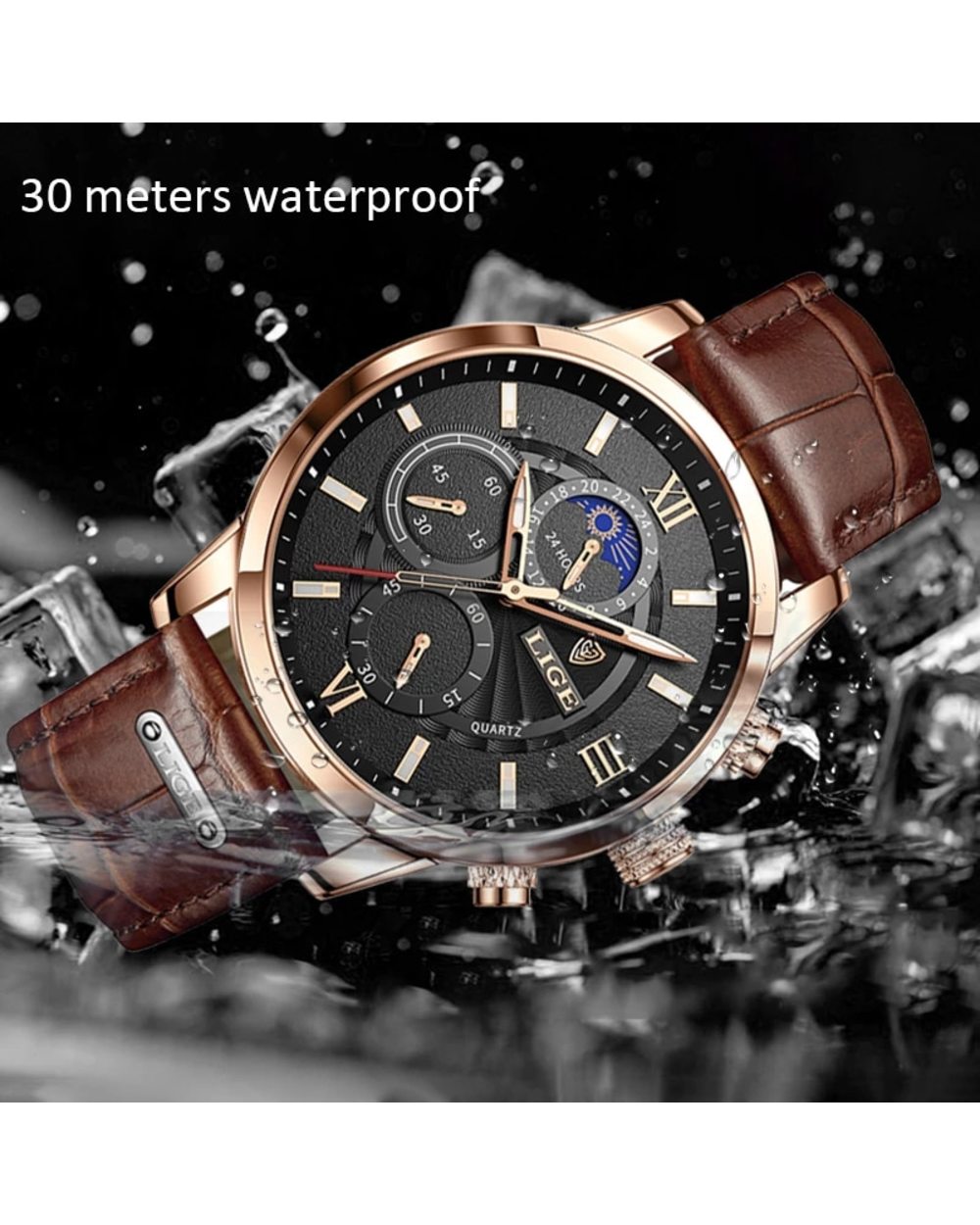 Men's Watches Leather Quartz Watch Sports Waterproof front-2