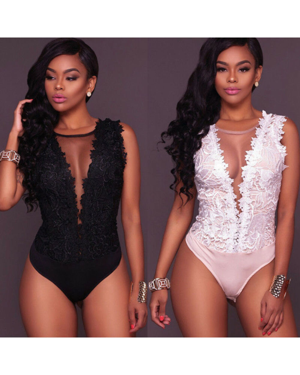 Sexy Women V Neck Lace Up Bandage Bodysuit Leotard Romper Tops Jumpsuit front-3
