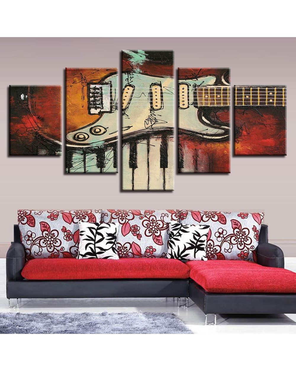 Musical Instruments Guitar And Piano Keys Picture Print Music 5 Panel Canvas Art Wall Decor front-1