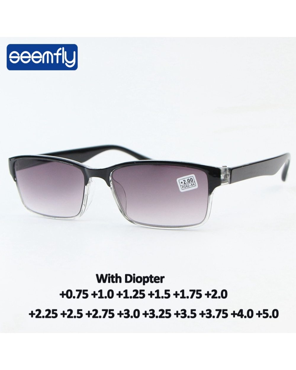 Seemfly +7.5 1.25 1.5 2 2.5 3 4.5 +5.0 Progressive Gray Reading Glasses Male Black Retro Goggle Female Prebyopic Hypero front-0