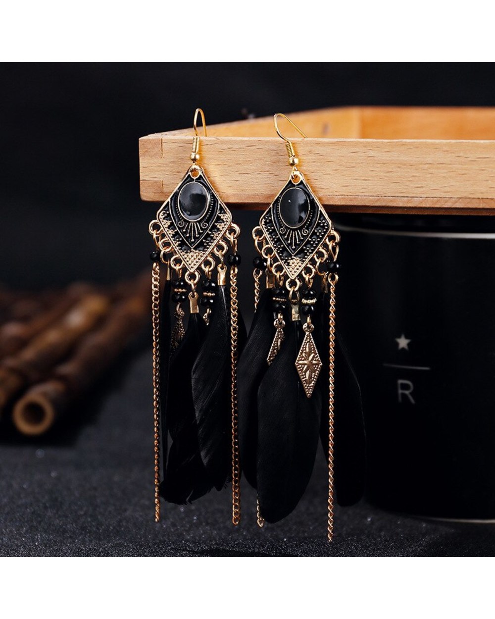 Blue Long Feather Dangle Earrings WCS front-1